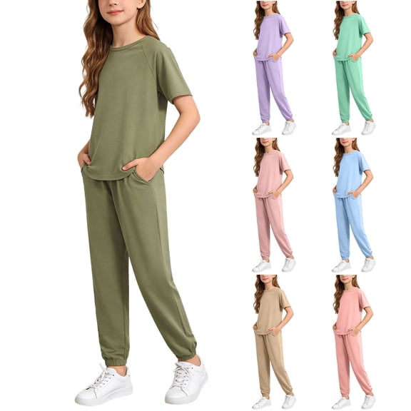FRSASU Girl's Casual Sports Set Solid Short Sleeve Tee Tops& Slim Fit Long Jogger Pants with Pockets 2PC Sweatsuits Watermelon Red