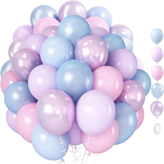 60Pcs 12 Inch Pastel Pink Purple Blue Balloon, Pearl Pink Blue Purple Balloons for Birthday Baby Shower Party Decorations