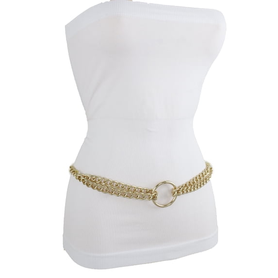 Women Hip High Waist Gold Metal Chain Link strands Center Ring Charm Belt XS S M