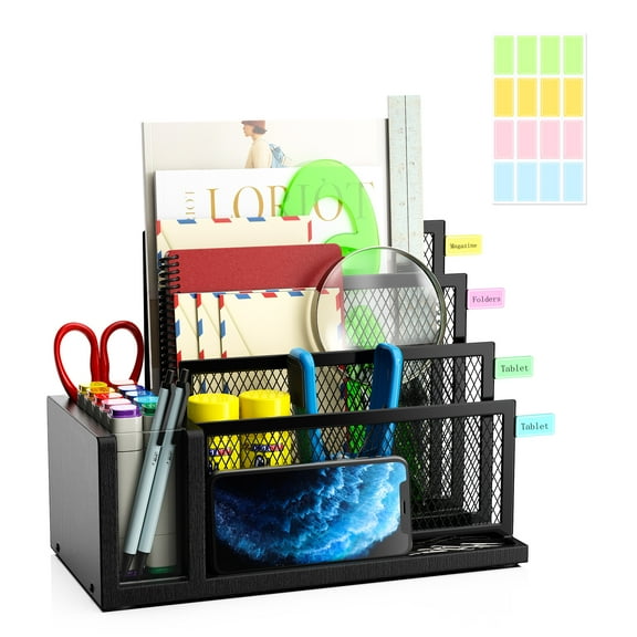 Wooden Office Mail Organizer for Desk, 4 Compartments Letter Holder Countertop, Metal Mail Sorter with Color Label, Desk File Organizer for Document Bill Paper Postcard