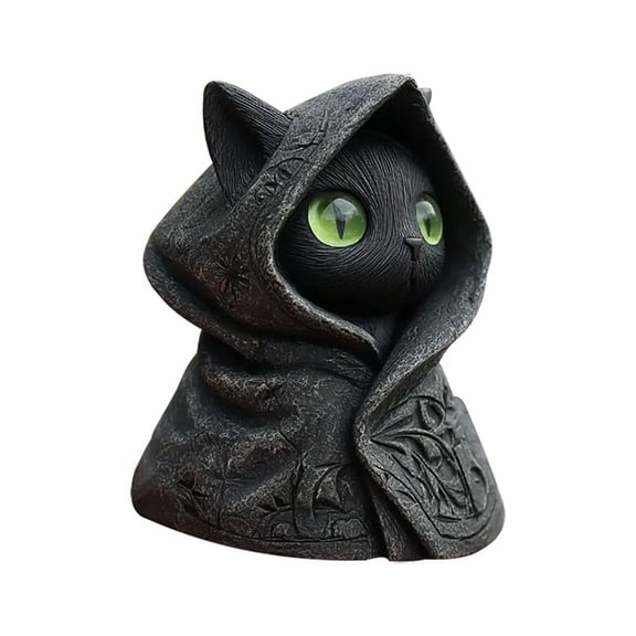 Mysterious Hooded Cat Figurine Statue - Gothic Black Resin Sculpture for Halloween Decorations & Home Decor