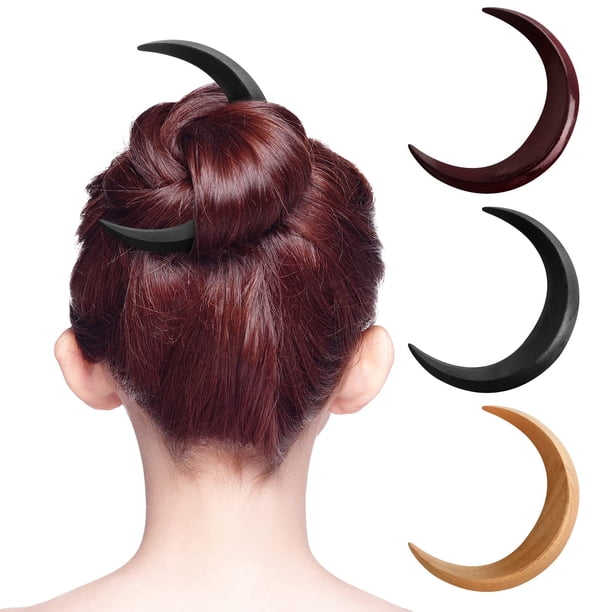 3 uds. Tenedor de pelo de luna creciente tallada a mano para mujer, palo de pelo de Luna, Clip de pelo de luna de madera, horquilla de luna creciente, Luna de madera