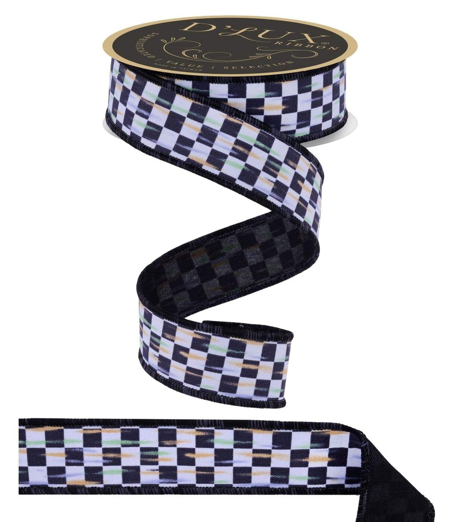 1.5in Mini Antique Checked Ribbon: Black (10 Yards)