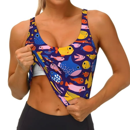 Qokaie Cute Flat Hand Drawn Fishes Pattern Womens Scoop Neck Sports Bra Breathable Workout Vest Padded U Back Medium Impact Fitness Gym Yoga Bra Workout Crop Top