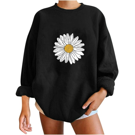 WREESH Women's Oversized Sweatshirt Fashion Daisy Flower Graphic Loose Long Sleeve Casual Pullover Tops Black