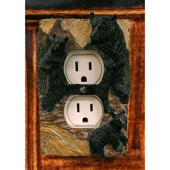 Rustic Western Bear And Cubs Duplex Receptacle Outlet Switch Plate Cover Set 2pc