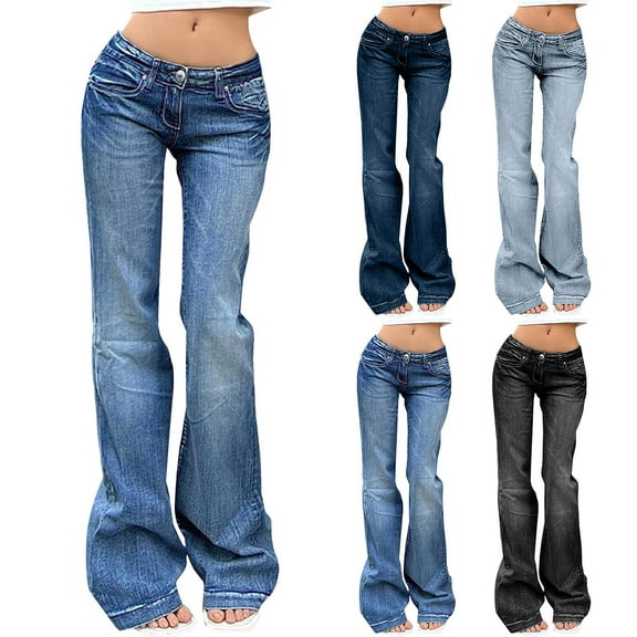 Women's Retro Bell Bottom Jeans with Elastic Waist Slim Fit Through Hip and Thigh Flared Denim Pants