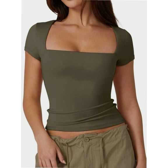Women Square Neck Crop Top Short Sleeve T Shirts Slim Fitted Tops Cute Summer Basic Tees Trendy