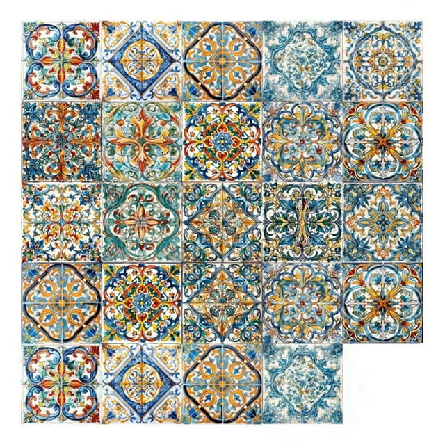 Lucoss 24 Pcs Moroccan Style Decorative Tile Stickers, 6"x6" Vinyl Self Adhesive Removable Waterproof Peel and Stick Backsplash Walls Stickers for Kitchen Backsplash, Bathroom, Stairs, Home Décor