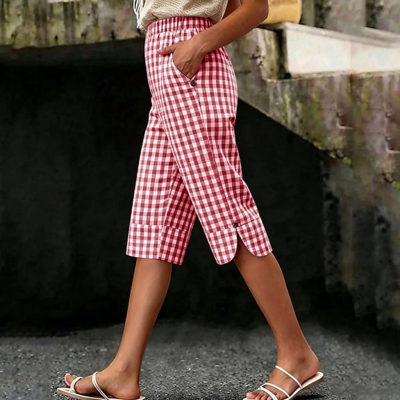 HongQid Women's Gingham Plaid Capri Pants Elastic Waist Cropped Trousers with Side Slit and Button Detail
