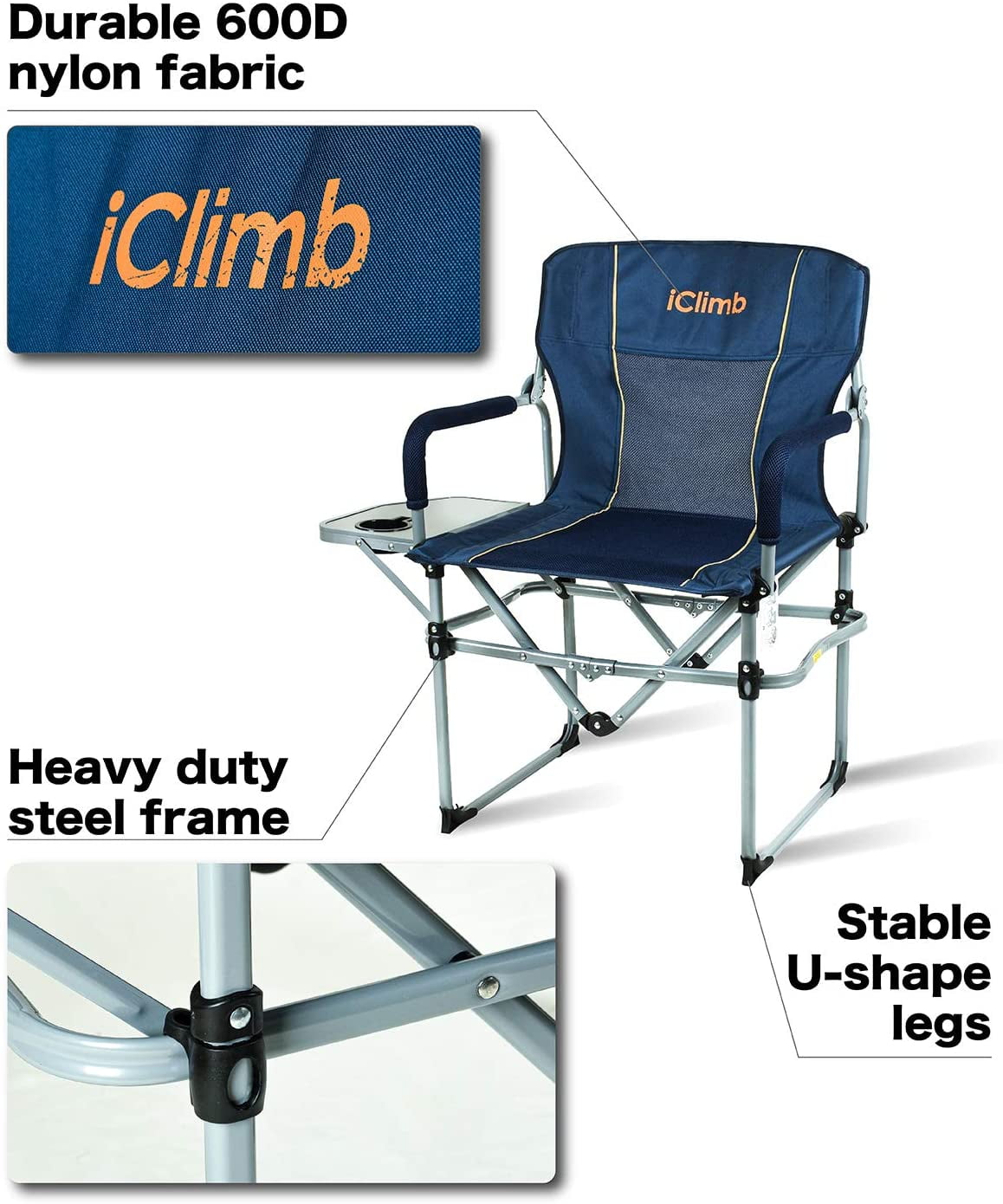 iClimb Heavy Duty Compact Camping Folding Mesh Chair with Side Table and  Handle
