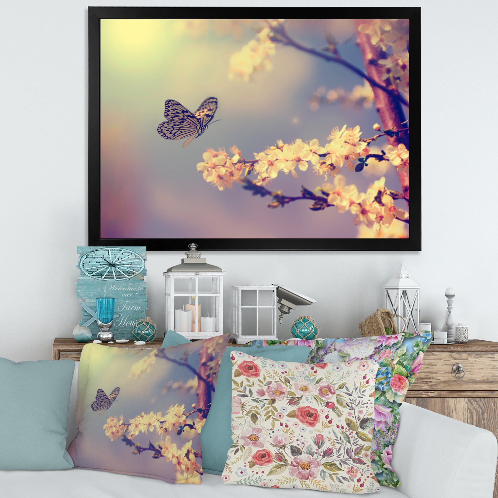 Designart 'Ancient Butterfly Flying To A White Flower' Traditional Framed Art Print