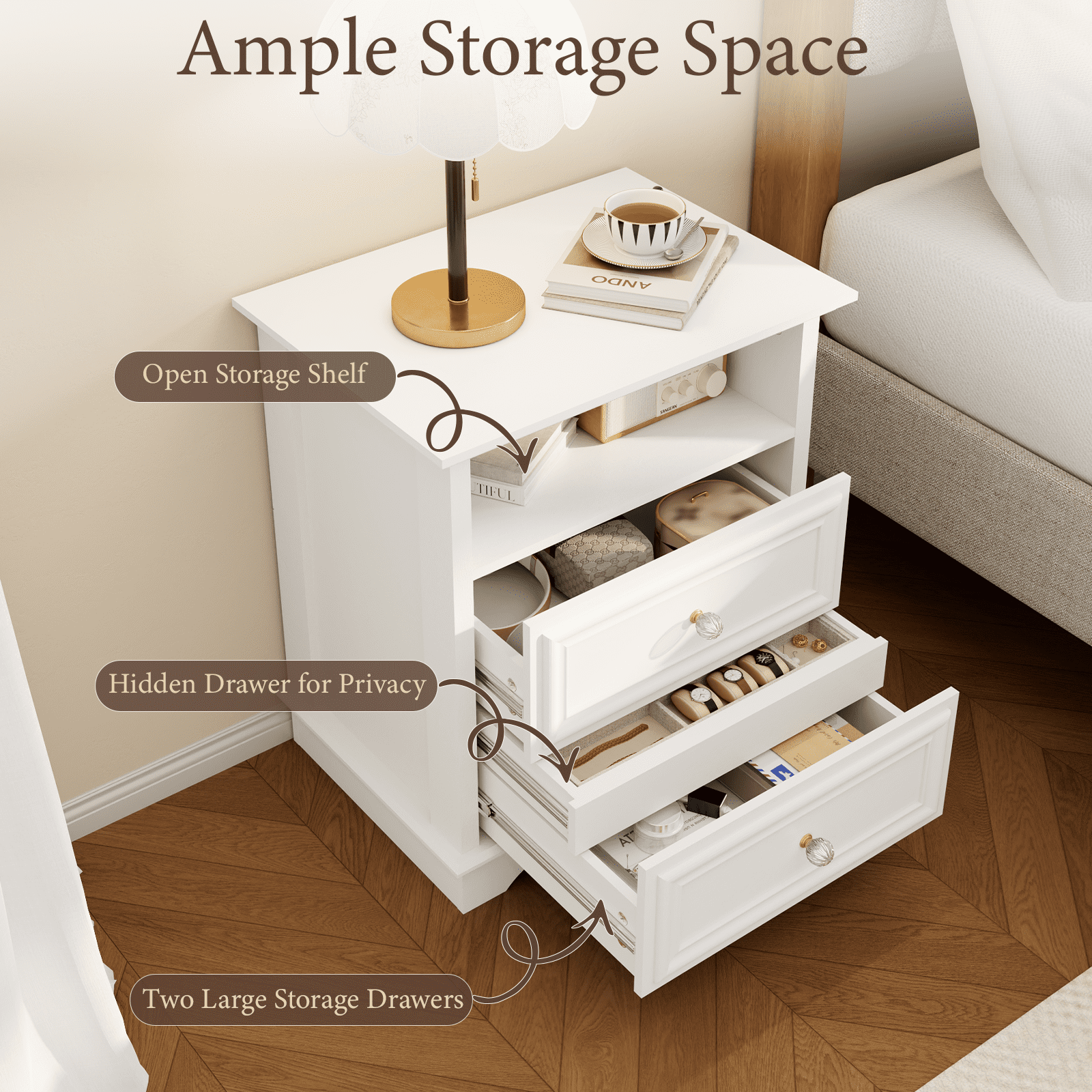 Brafabhome Set of 2 Nightstands with 2 Drawers, Mid-Century Bedside Table with Open Storage Shelf and Hidden Drawer for Bedroom Living Room | White