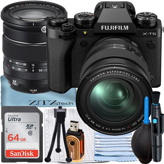 FUJIFILM X-T5 Appareil Photo Sans Miroir (Noir) avec Objectif XF 16-80mm + Carte Mémoire SanDisk 64 Go + Ensemble d'Accessoires ZeeTech