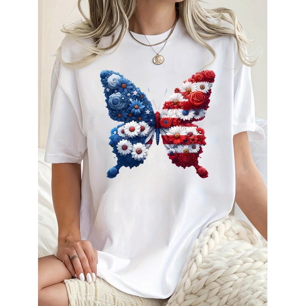 Camiseta con estampado floral y mariposas para mujer, cuello redondo, manga corta, tejido de punto de algodón con elasticidad media, diseño de bandera estadounidense, cómoda camiseta de verano para to