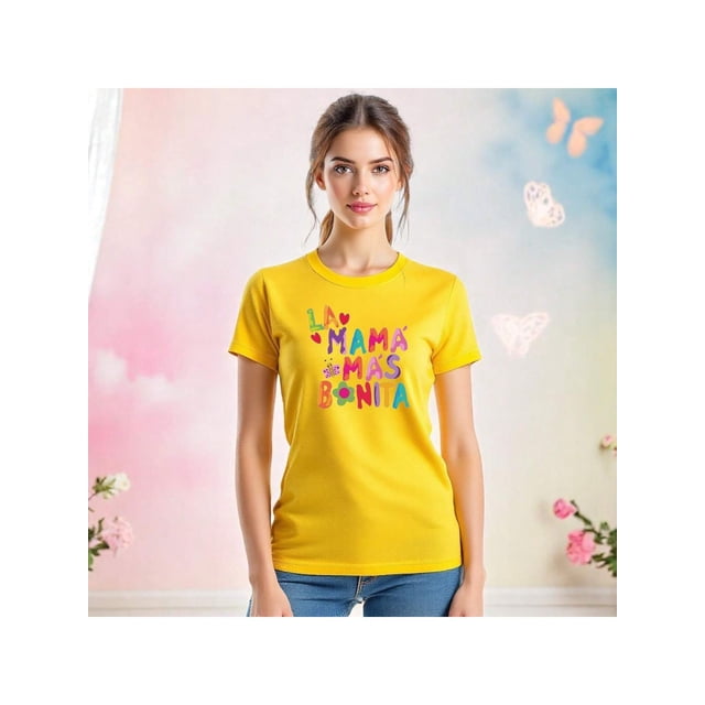 Playera La Mamá Más Bonita con Estilo Acuarela – Diseño Dulce y Femenino Color Amarillo Talla Mediana Marca Emil SaEs
