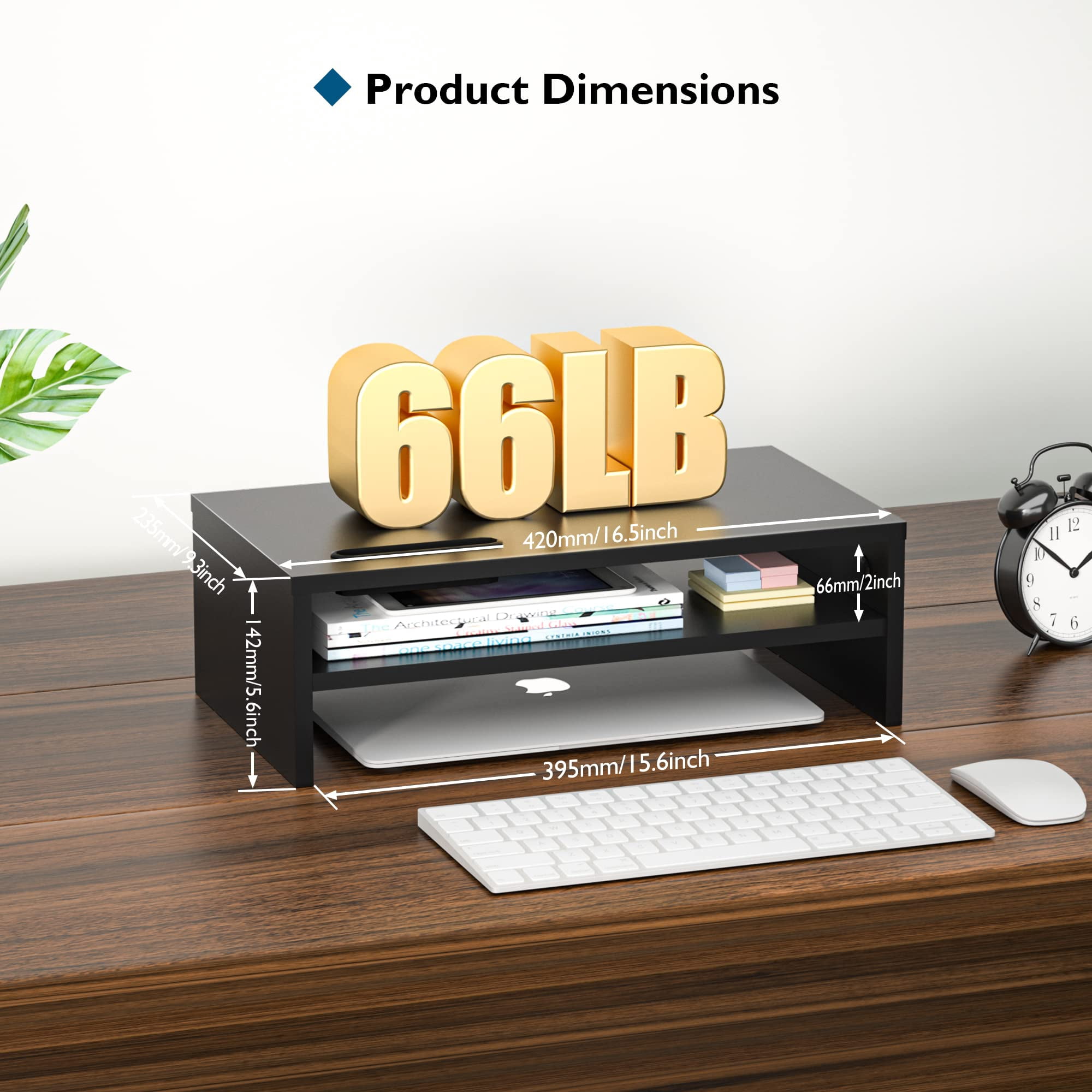 Wooden Monitor Stand Riser  2-tier Desk Shelf With Storage Organizer Computer Cable Management Cellphone Holder Black 16.5 Inch