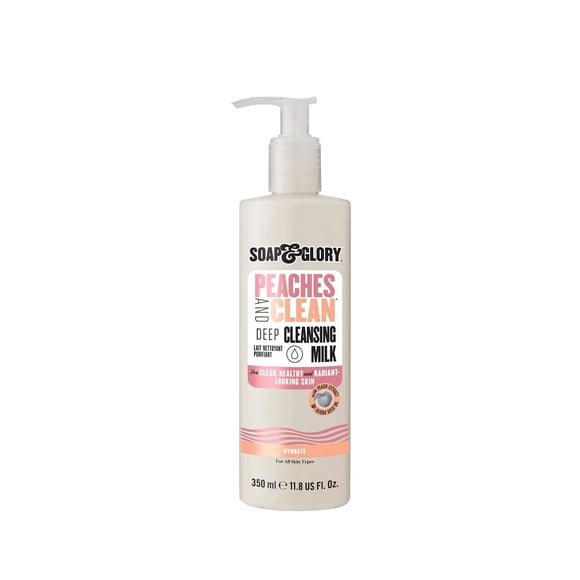 Soap & Glory Peaches & Clean Leche de limpieza profunda - Leche limpiadora y desmaquillante 4 en 1 con extracto de melocotón, ginseng y aceite de jojoba - Limpiador facial hidratante para piel aclarad