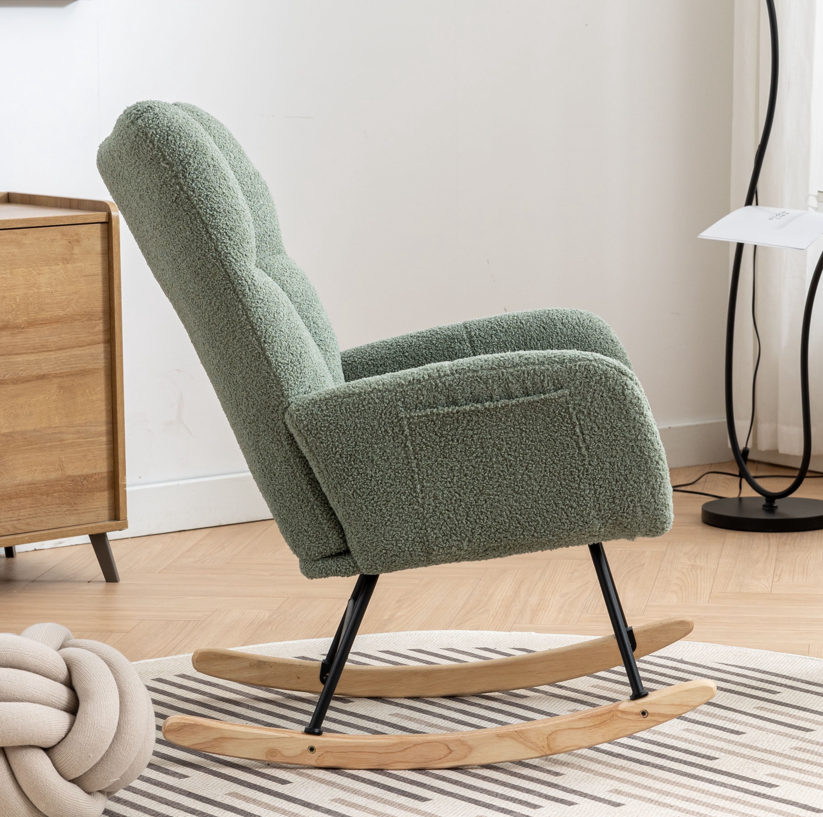 Rocking Chair Nursery,Teddy Upholstered Glider Rocker with High Backrest,Modern Rocking Accent Chairs Glider Recliner for Living Room, Nursery, Bedroom,Green