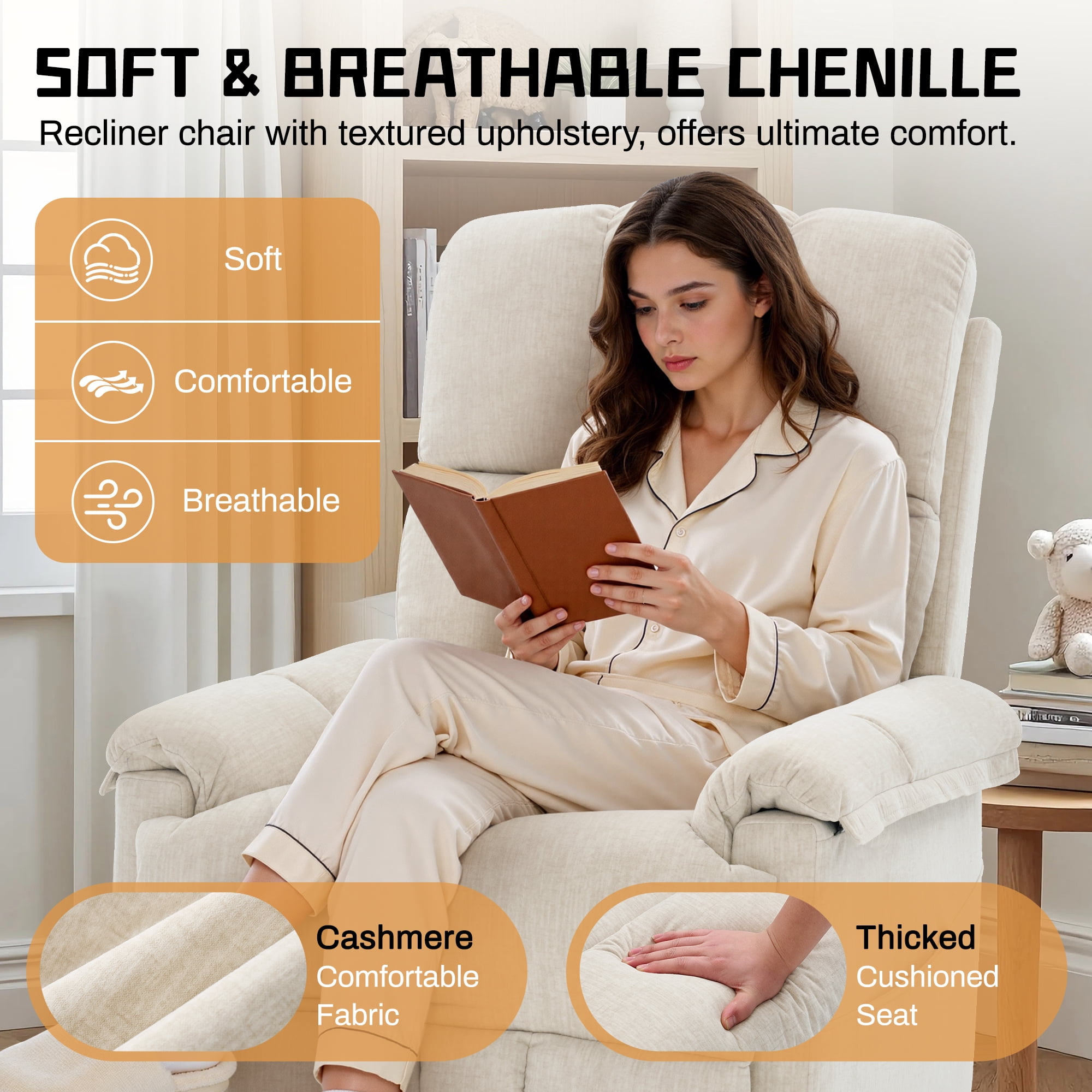 Korser 360°Swivel Recliner Chair for Adults with Side Pockets,Small Rocking Recliner for Small Spaces for Living Room,Nursery,Beige