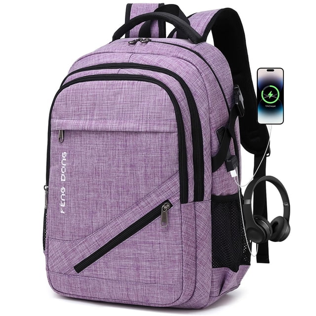 Mochila FENGDONG para portátil grande de 17,3 pulgadas, impermeable, color morado claro