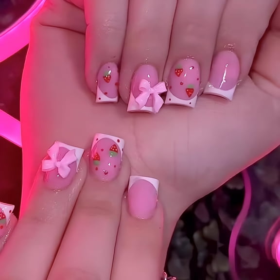 RAGUPEL Strawberry Bow Press On Nails, Pink Short Fake Nails With Cute Nail Art Stickers And Charms