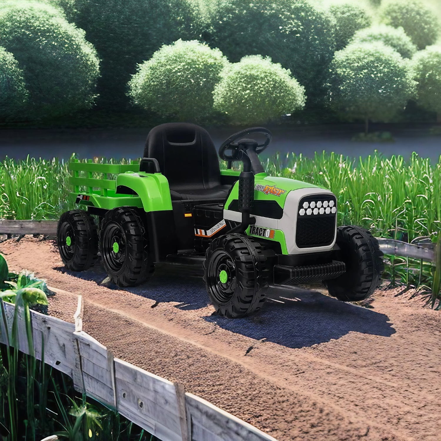 CIPACHO 12v Battery-Powered Kids Toy Tractor with Trailer and 3-Gear-Shift Ground Loader Ride On with USB&Bluetooth Audio Functions, Green CIPACHO 12v Battery-Powered Kids Toy Tractor with Trailer and 3-Gear-Shift Ground Loader Ride On with USB&Bluetooth Audio Functions, Green