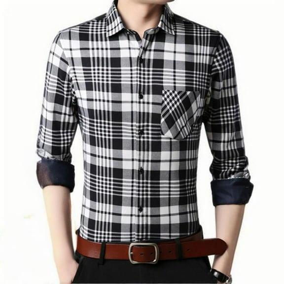 JUUYY Plaid Mens Flannel Shirts Long Sleeve Dress Shirts for Men Fleece Lined Warm Casual Loose Button Down Shirt Black L
