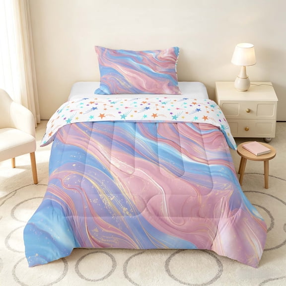Manfei Marble Fluid Swirl Twin Comforter Sets, Pastel Blue Pink Bedding Set, Colorful Stars Reversible 2-Piece, 1 Comforter and 1 Pillowcase