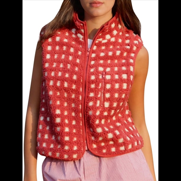 Chaleco de Cuadros para Mujer, Sin Mangas, de Forro , de Invierno, con Cuello Alto, Cremallera y Bolsillo en el Pecho. Rojo M
