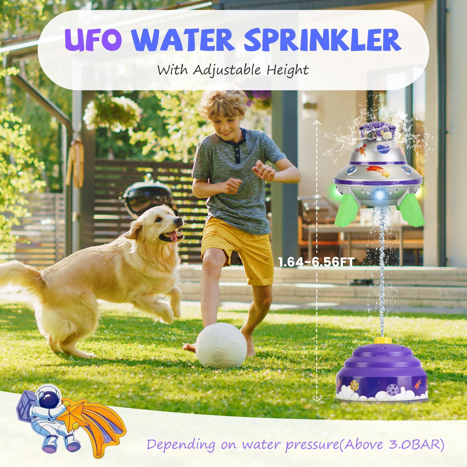 Sprinkler for Kids 3-12 Years Old Rocket Water Sprinkler with Colorful LED Lights 360° Spinning 1.64-6.56ft Adjustable Height Gift for Girls Boys Blue