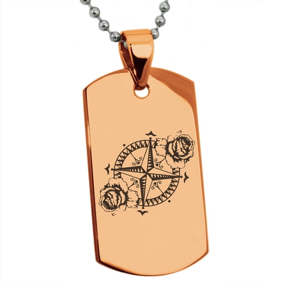 Stainless Steel Nautical Floral Rose Compass Engraved Dog Tag Pendant Necklace