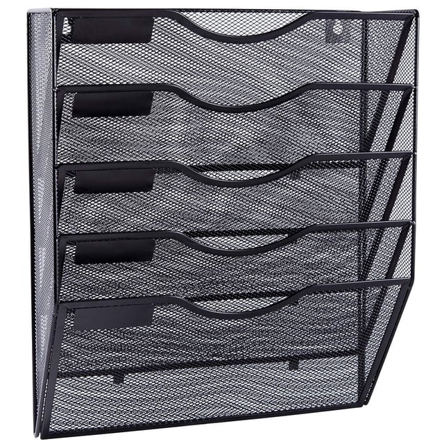 Organizador de archivos de pared colgante de malla de 5 bolsillos, soporte para carpetas de documentos de papel de correo montado en la pared, almacenamiento de portapapeles negro