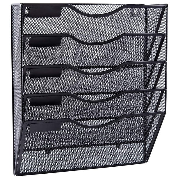 Organizador de archivos de pared colgante de malla de 5 bolsillos, soporte para carpetas de documentos de papel de correo montado en la pared, almacenamiento de portapapeles negro