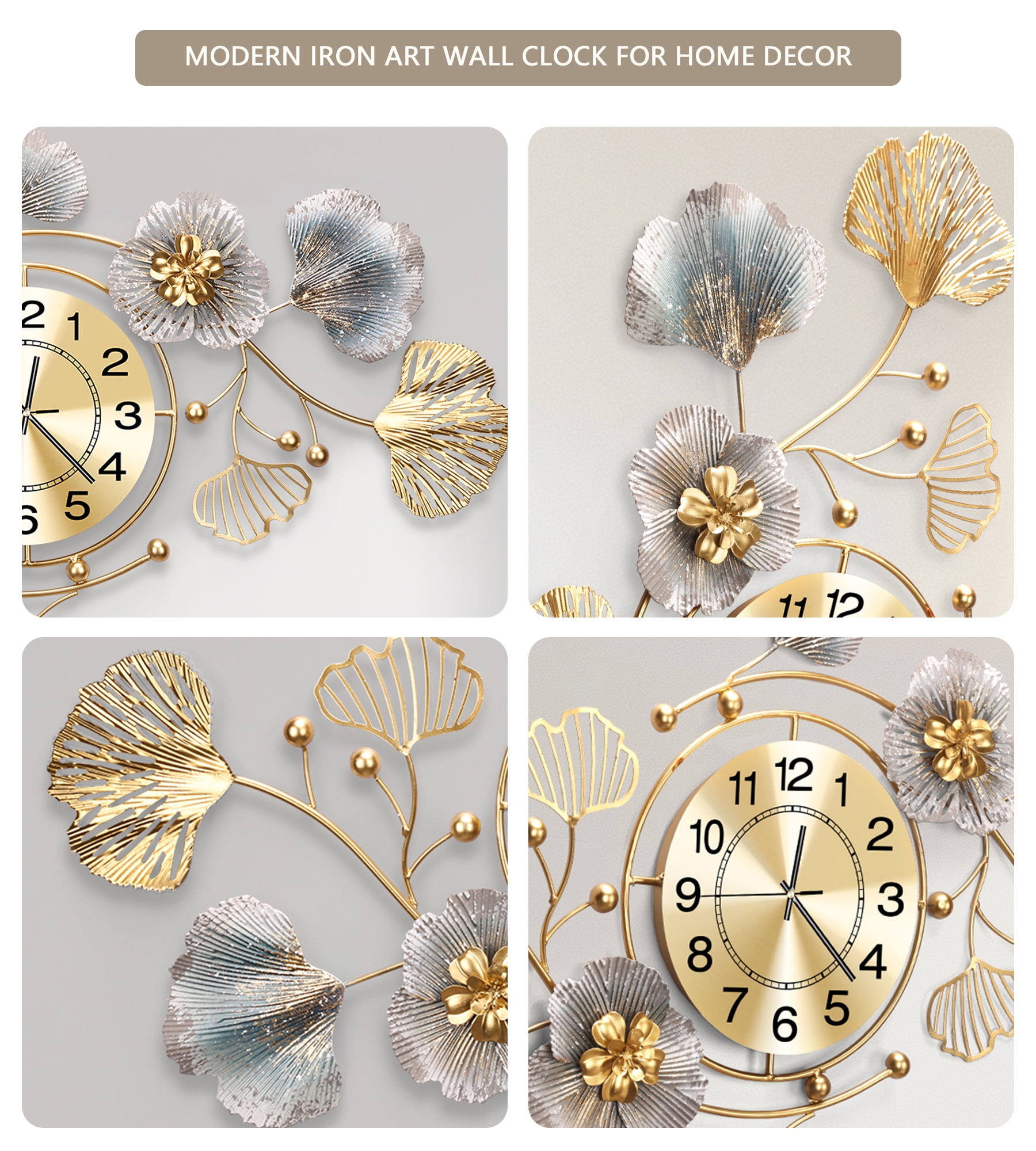 33"Large Wall Clock – 3D Metal Ginkgo Leaf Decorative Wall Clock, Non-Ticking Wall Clocks Battery Operated, Modern Clocks for Living Room, Gift-Ready for Home or Office