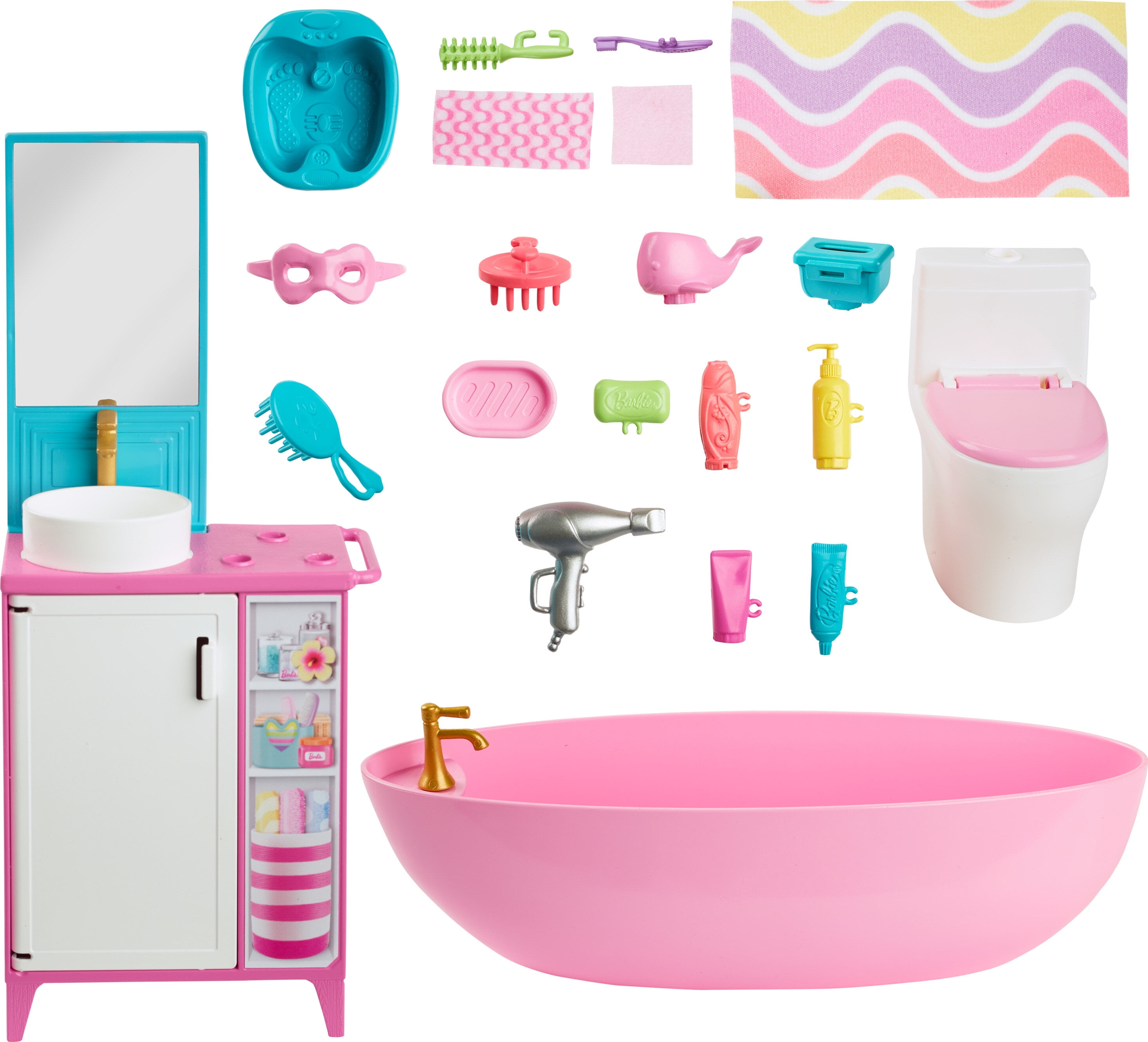 Barbie World Bathtime Toy Playset with 19 Dollhouse Accessories Including Bathtub Toilet Vanity Walmart