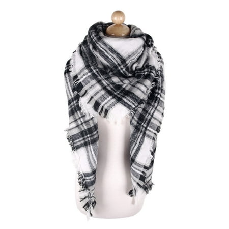 Palestinian Scarf - Premium Winter Large Knit Plaid Checked Square Blanket Scarf Shawl Wrap, White