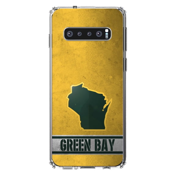 DistinctInk Clear Shockproof Hybrid Case for Samsung Galaxy S10 (6.1" Screen) - TPU Bumper, Acrylic Back, Tempered Glass Screen Protector - Green Bay Wisconsin - Football Team