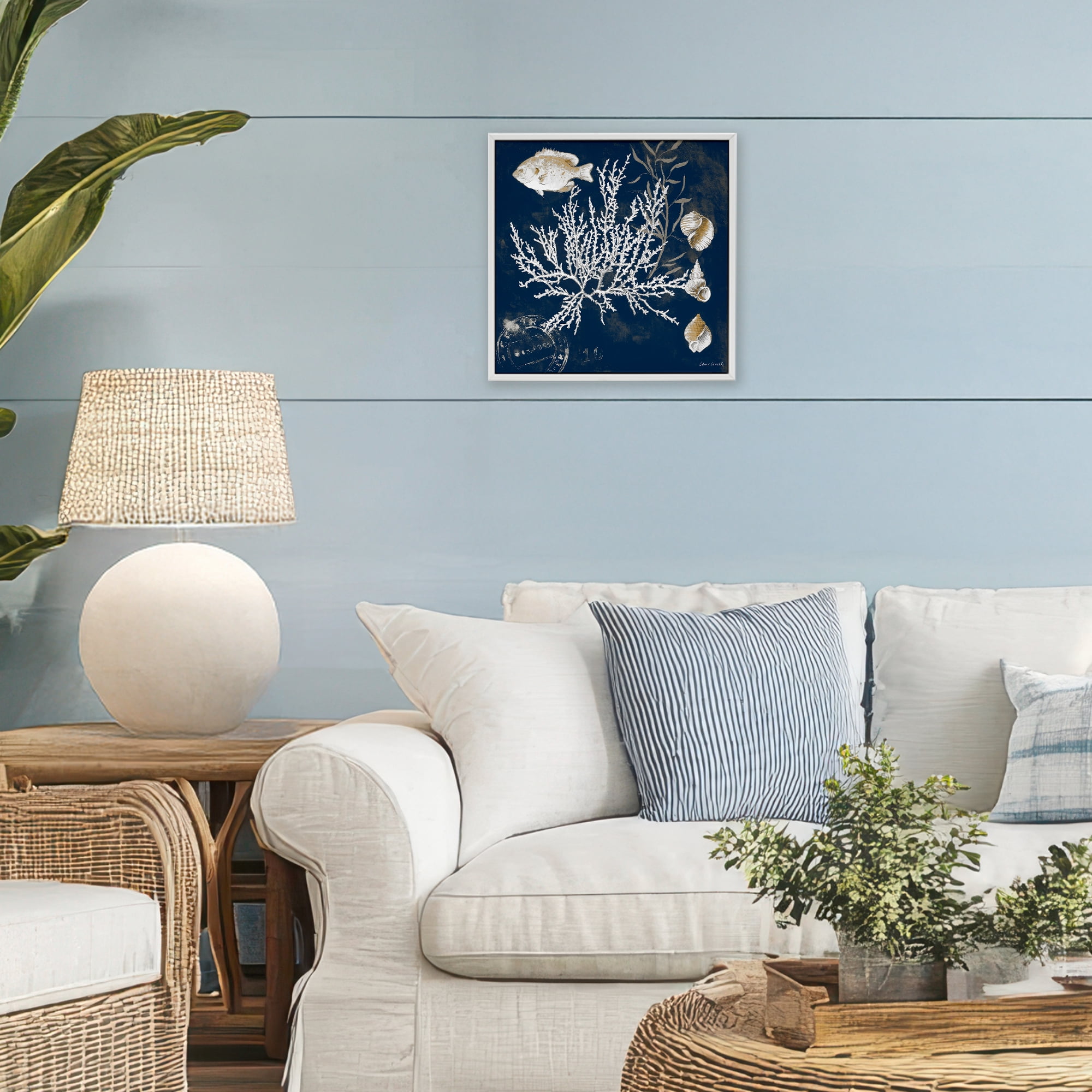 Stupell Industries Coral Medley on Blue White Framed Giclee Art, design by Lanie Loreth