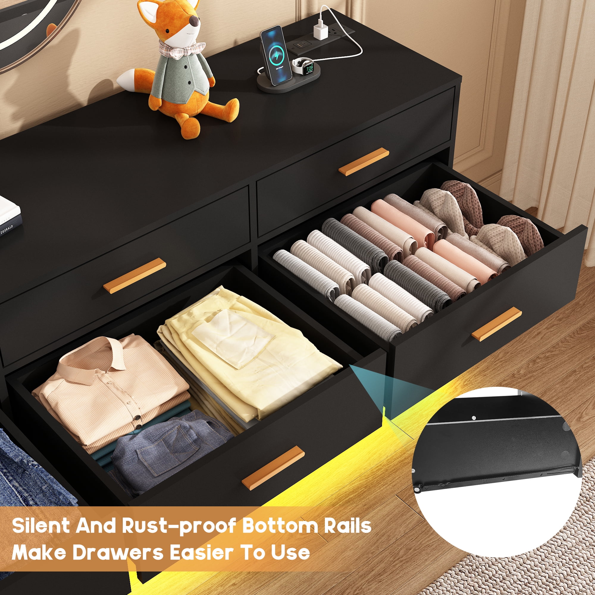 Blotout 12 Drawers Dresser w/Power Outlet, 60000 Colors Lights, 63''Long Wooden Dresser Chest w/Anti-toppling Design, Metal Handles Dresser for Living Room, Hallway, Entryway, Bedroom
