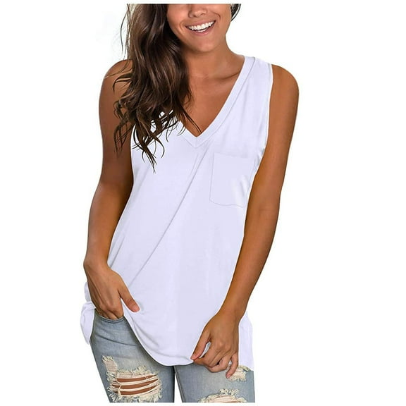 XMMSWDLA V Neck Tank Tops Women Casual Sleeveless Shirts Loose Fit Summer White Basic Tank Tops Women