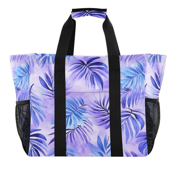 Reusable Grocery Bags with Handle Side Pocket Waterproof Shopping Portable Tote Watercolor Blue Purple Palm Leaves