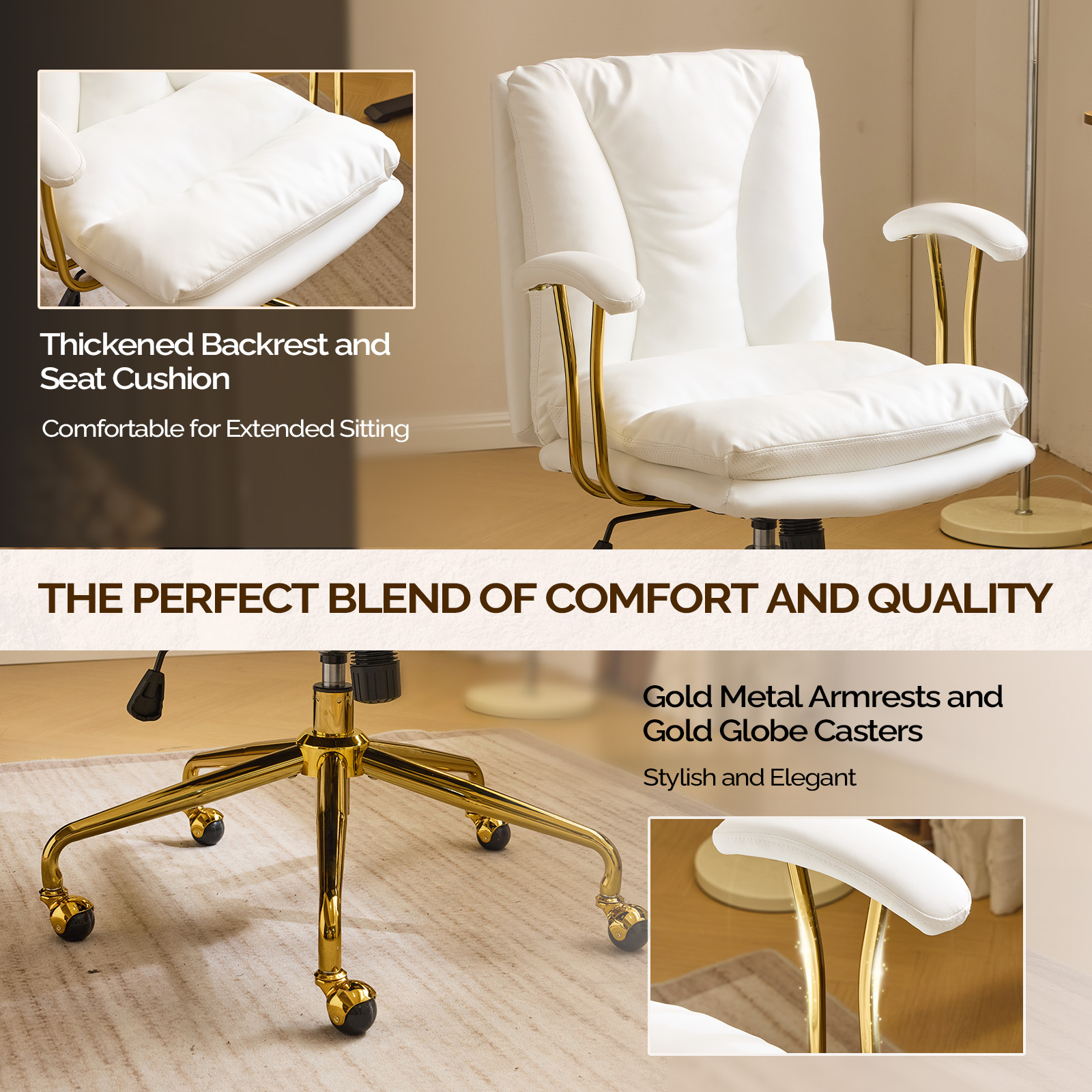 Ktaxon Office Chair High Back Study Chair PU Leather Adjustable Swivel Vanity Chair with Padded Armrests for Conference and Home White