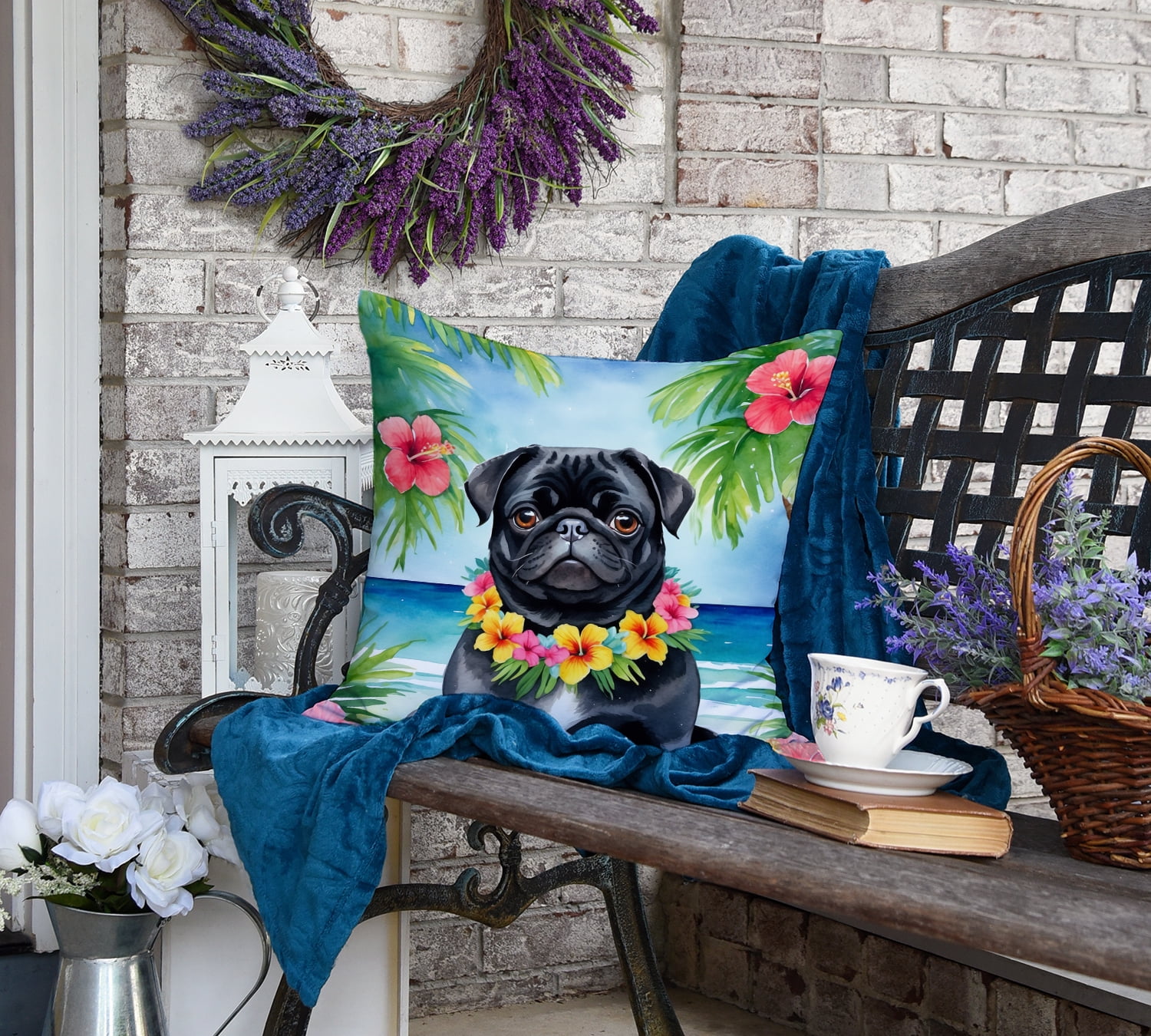 Black Pug Luau Throw Pillow 18 in x 18 in