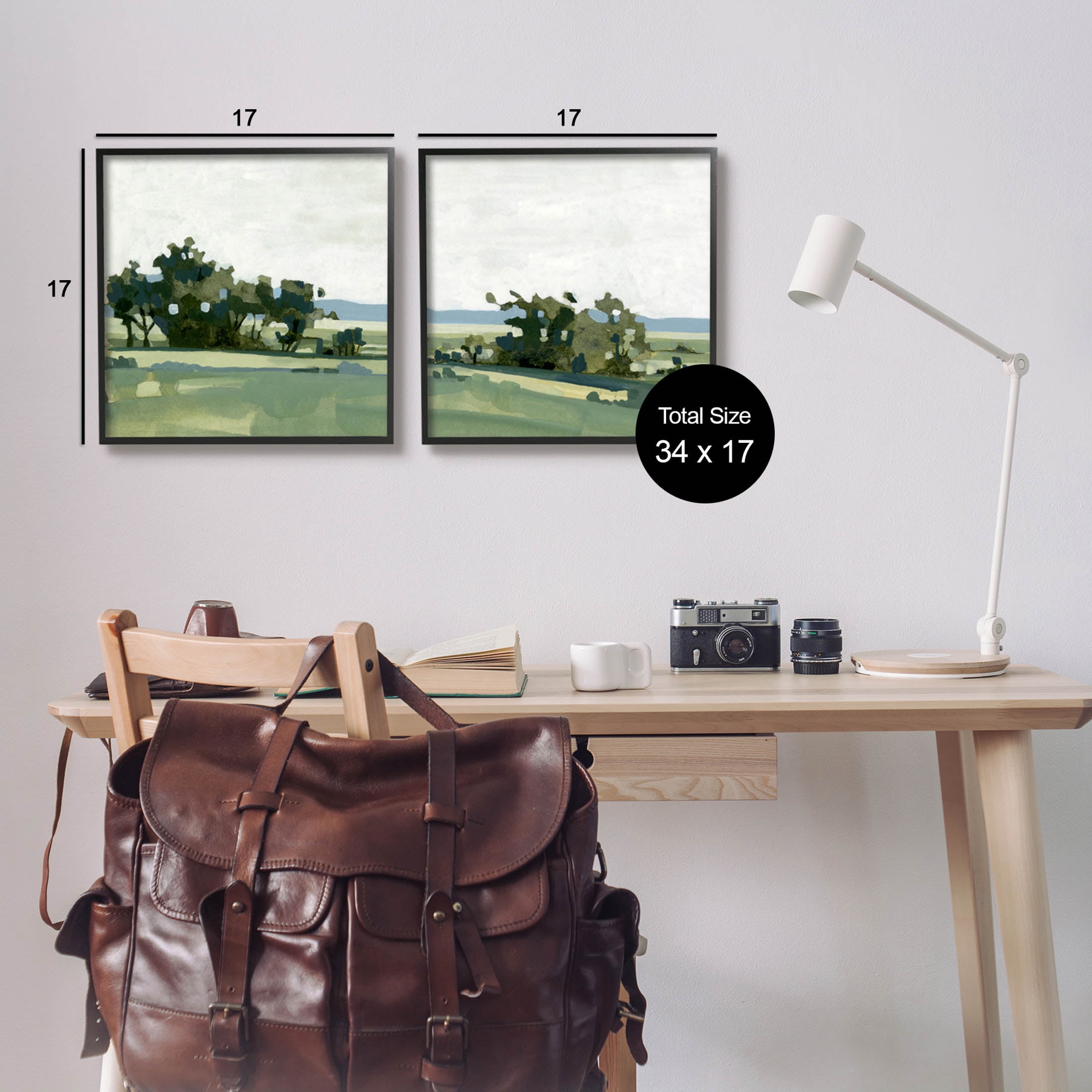 Countryside Grassland Nature Landscape Landscape Painting Black Framed Art Print Wall Art, Set of 2