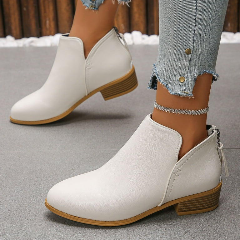 Womens Short Dress Boots Winter Fall Trendy Solid Leather Pointed Toe Low  Heel Zipper Ankle Booties