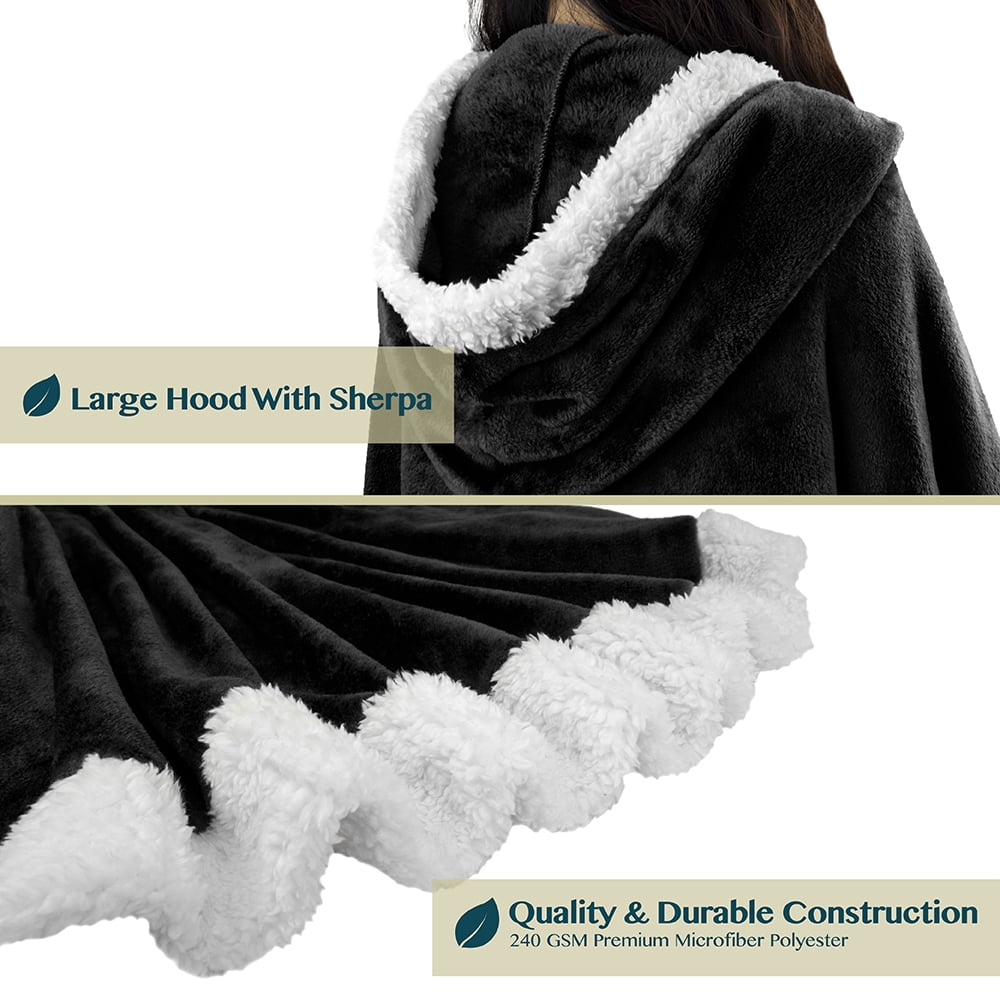 PAVILIA Wearable Blanket for Adult Women, Cozy Plush Fleece Blanket Poncho Cape with Hood, Super Soft Shawl, Angel Wrap Throw for Office, Black