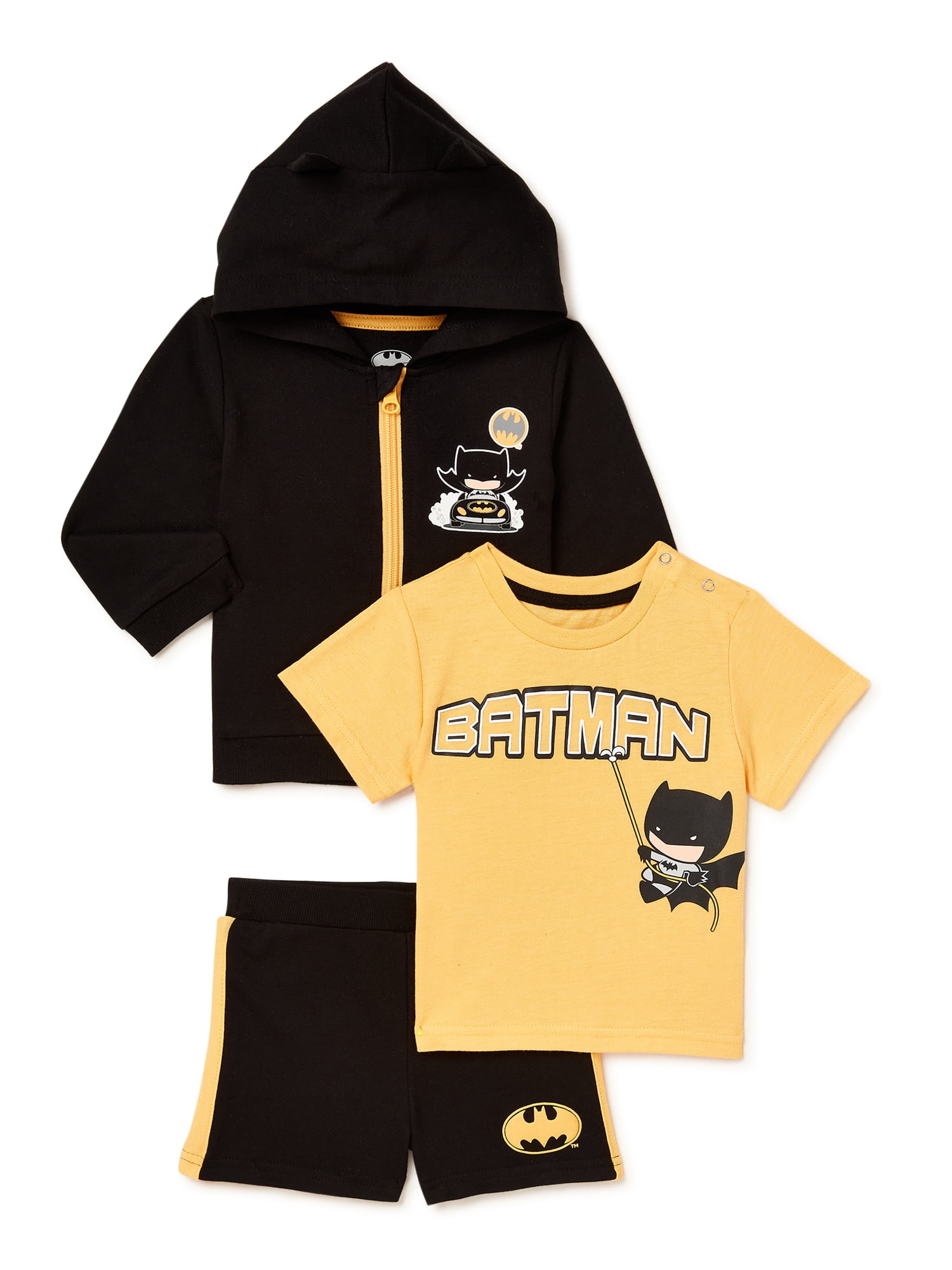 Justice League Batman Baby Boy Cosplay Hoodie, T-Shirt & Shorts Outfit Set, 3-Piece, Sizes 0/3-24 Months