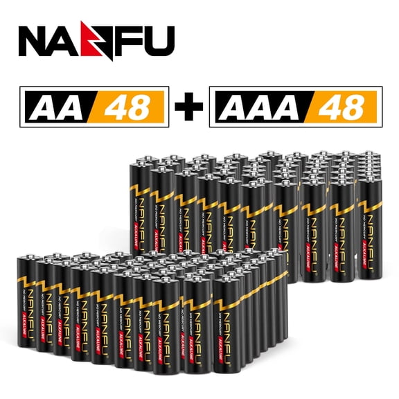 NANFU Alkaline AA Batteries and AAA Batteries (96 Count Combo Pack), 48 AA and 48 AAA Batteries, 48 Double A and 48 Triple A Batteries