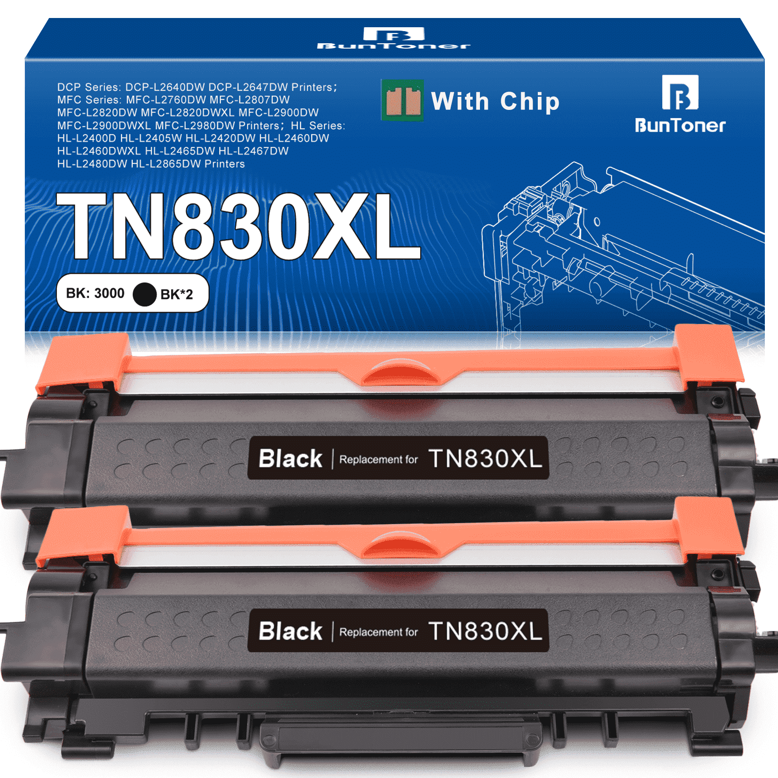 TN830XL TN830 Toner Cartridge Compatible for Brother TN830XL TN830 Black High Yield Toner Cartridge for Brother Toner TN830 (2 Black)